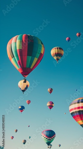 Several colorful hot air balloons drift through the sky, creating a vibrant scene against the blue backdrop