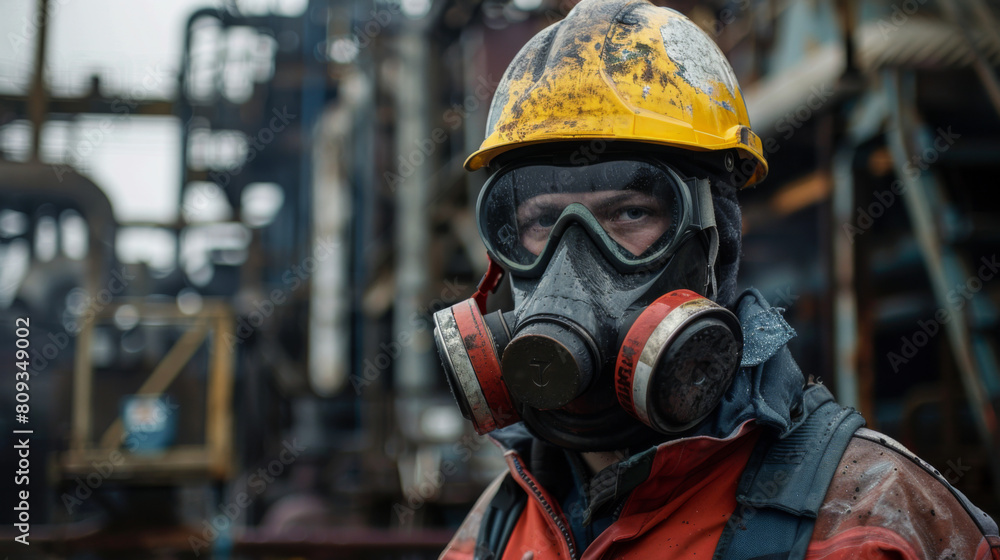 Portrait of a male industrial worker wearing protective mask and helmet at a grimy, complex industrial facility. Portrait of a male industrial worker wearing protective mask and helmet at a grimy, complex industrial facility.