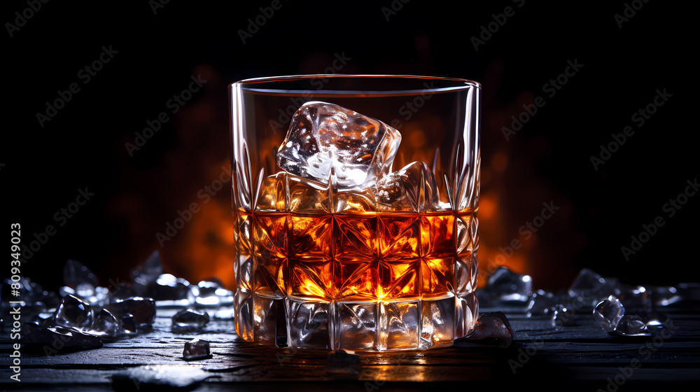 Whiskey glass with ice cubes on black background