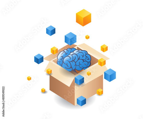 Brain coming out of cardboard flat isometric illustration