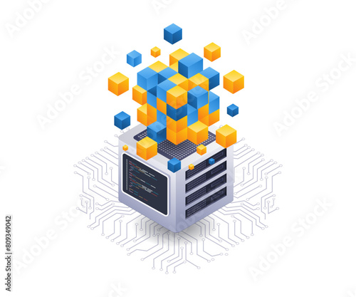 Blockchain server technology isometric flat illustration