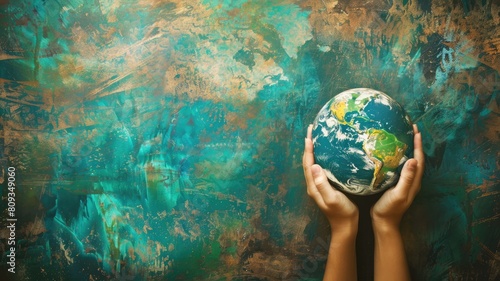 Hands holding globe against abstract colorful background