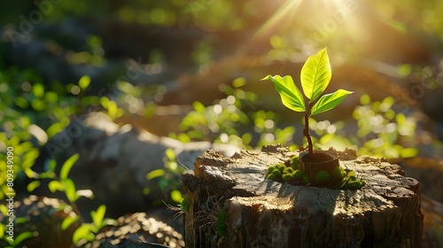 Realistic Young tree emerging from old tree stump with sun light. Reborn of old tree. New Life concept or New growth  new beginning concept. Symbolic business development