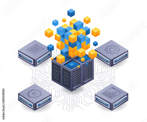 Blockchain network server technology isometric flat illustration