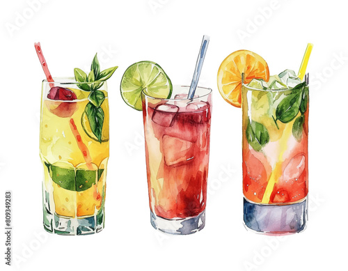 Set oil painting watercolor fresh natural cocktails for summer season vector illustration on isolated white background