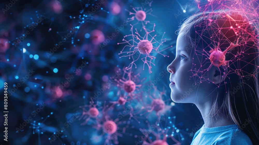 Child observing virtual neurons and viruses in blue-toned digital environment Child observing virtual neurons and viruses in blue-toned digital environment