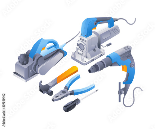 Building carpentry tools infographics flat isometric 3d illustration