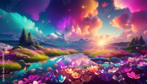 lush meadow in psychedelic colors background light reflection of clouds bright colorful clouds reflections and highlights of bright sunlight