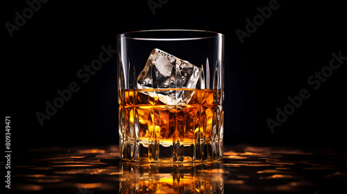 Whiskey glass with ice cubes on black background