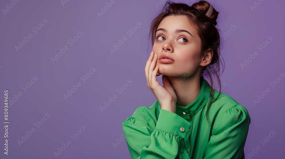 Photo portrait of attractive young woman touch chin thoughtful dressed stylish green clothes isolated on violet color background Photo portrait of attractive young woman touch chin thoughtful dressed stylish green clothes isolated on violet color background