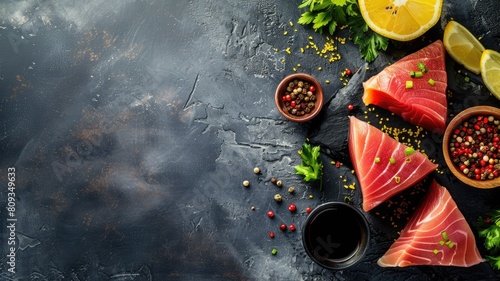 Fresh salmon slices with herbs, spices, and lemon on dark background