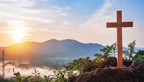 christian cross on hill happy easter christian symbol of faith crucifix symbol on mountain against sunrise sunset sky background death and resurrection of jesus christ