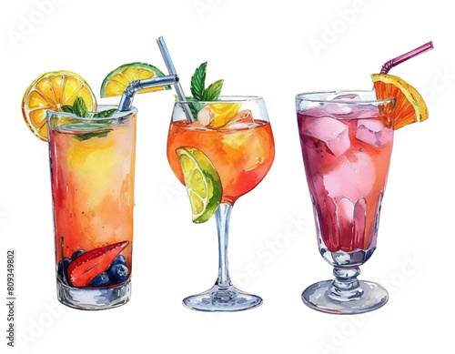 Set oil painting watercolor fresh natural cocktails for summer season vector illustration on isolated white background