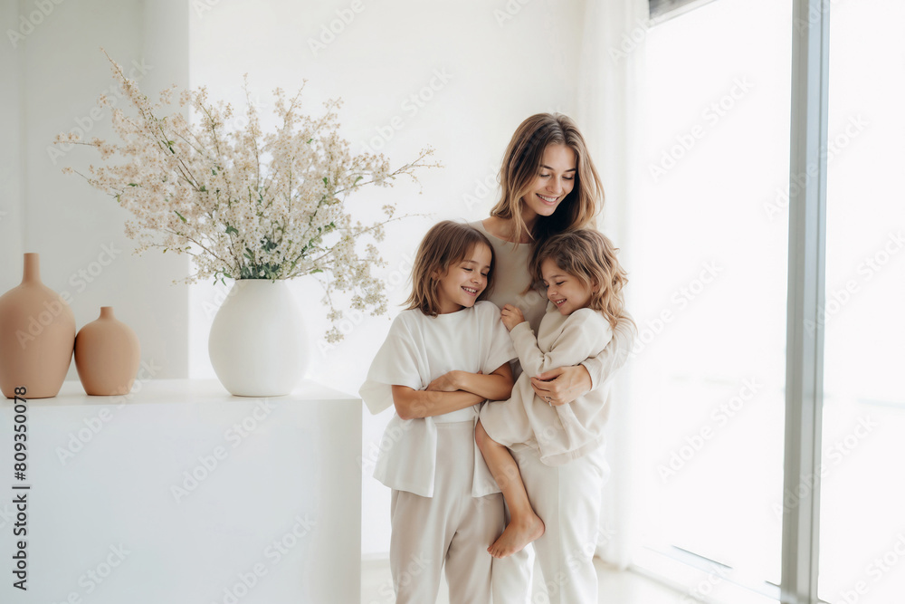 Mother with her children stands near the window in modern interior. Mother with her children stands near the window in modern interior.
