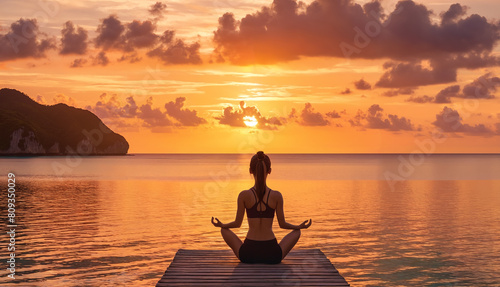 A woman sitting cross-legged on a dock with her eyes closed, possibly during sunset. She appears to be in a state of meditation or relaxation.