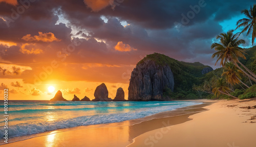 A beautiful beach scene with a sunset over the ocean. The sun is setting, casting a warm glow on the beach and the ocean, creating a picturesque and serene atmosphere.