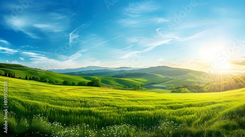 Panoramic view of beautiful endless green fields in bright sunlight, Italy  photo