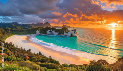 A beautiful beach scene with a stunning sunset over the ocean. The beach is sandy, and the water is blue, creating a picturesque and serene atmosphere.