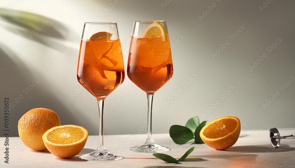 aperol spritz cocktail in glasses placed on light background with shadow