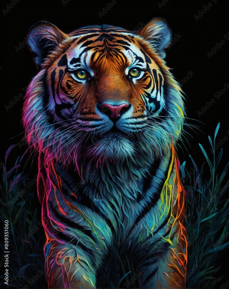 Powerful distinguished tiger stalking prey with vibrant rainbow multi-colored accents in fur dangerous wildcat