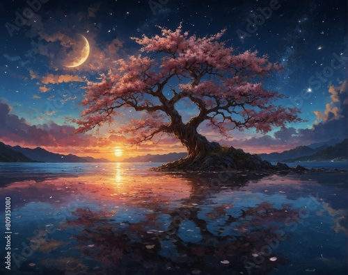 Beautiful majestic cherry blossom tree growing on a small island situated on a lake with mountains and a sunset in the distance a crescent moon in the nights sky  photo