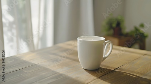 Mock up with white coffee cup rests on a wooden table, creating a simple and classic scene 
