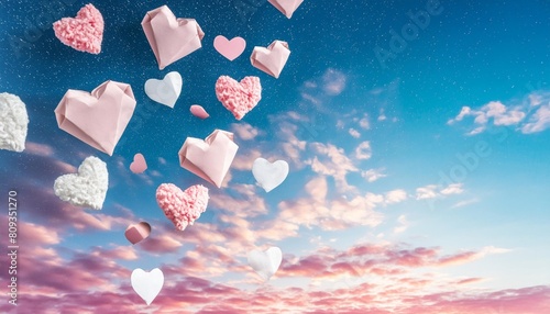 valentine day greeting card with hearts in the air in the sky blue and pink background copy space