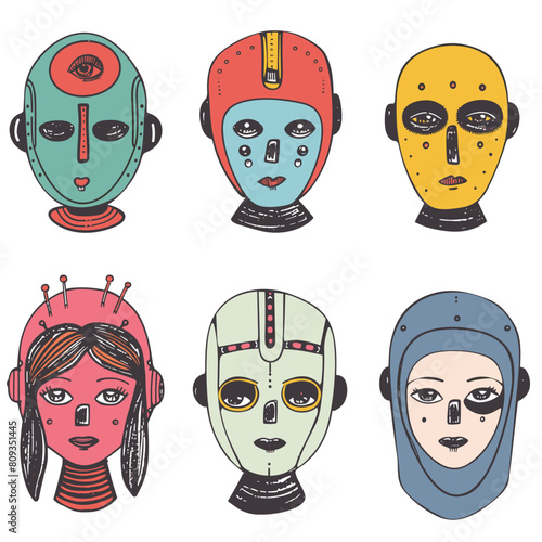 Futuristic robot heads design colorful artistic. Six stylized faces resembling robots scifi characters quirky illustrations. Cartoon android heads unique features creative technology theme