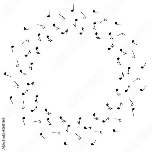 Music notes confetti  musical background with black symbols in round flow  vector illustration.