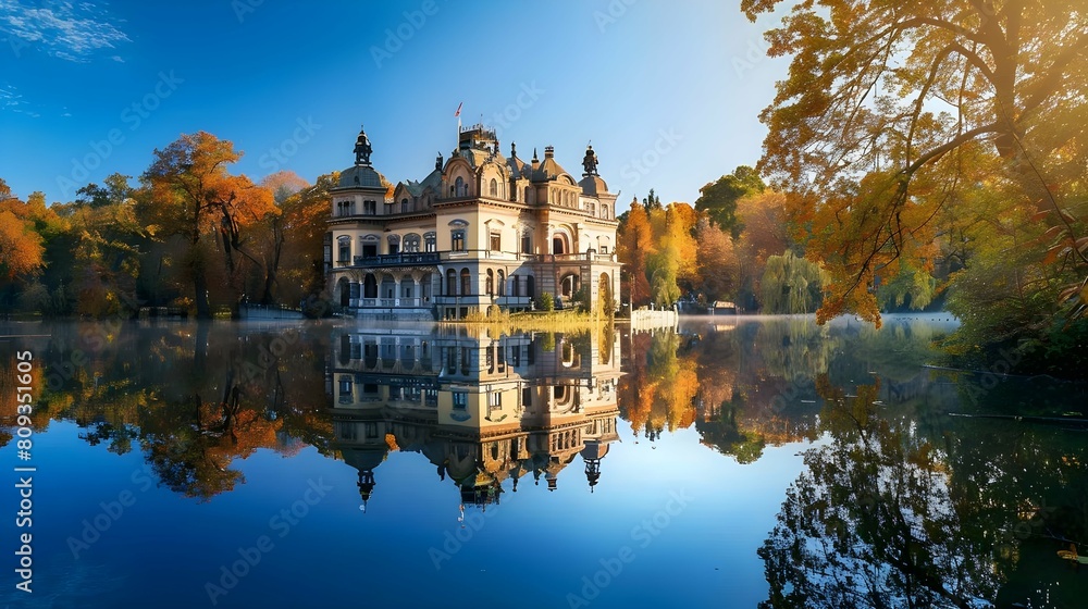 Naklejka premium Majestic historical building reflected in a calm lake amid autumn foliage.