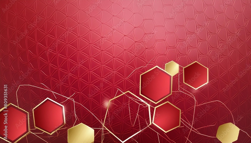 abstract minimalistic modern technological background with red hexagon cells and gold frames of honeycombs