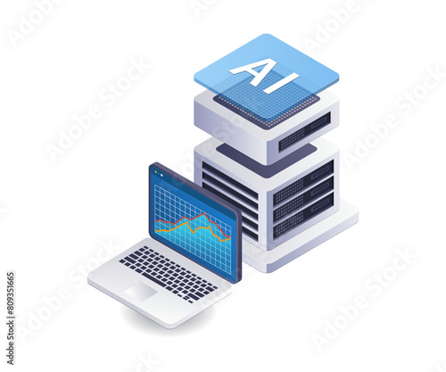 Artificial intelligence analysis server technology isometric flat illustration