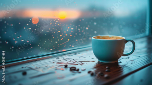 A cozy scene with a coffee cup on a rainy window sill  overlooking a sunset landscape  evoking warmth and reflection.