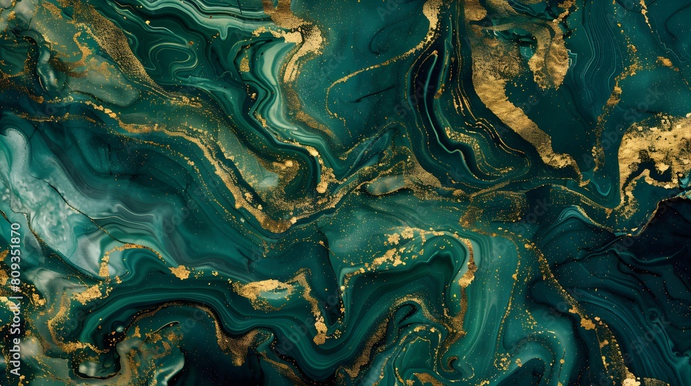 luxury wallpaper. Green marble and gold abstract background texture. Dark green emerald marbling with natural luxury style swirls of marble and gold powder