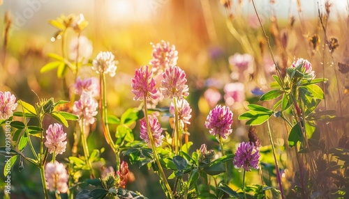 colorful flowers close up on sunny meadow natural abstract background beautiful rustic floral countryside landscape pink clover and peas mouse flowers or vicia cracca plants grow in field banner photo