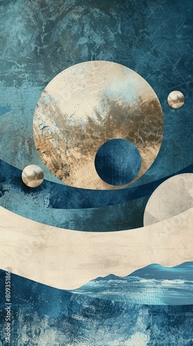 Painting showing planets floating above an ocean, abstract double border composition, spheres, geometric shapes. Background. Abstract Wallpaper.