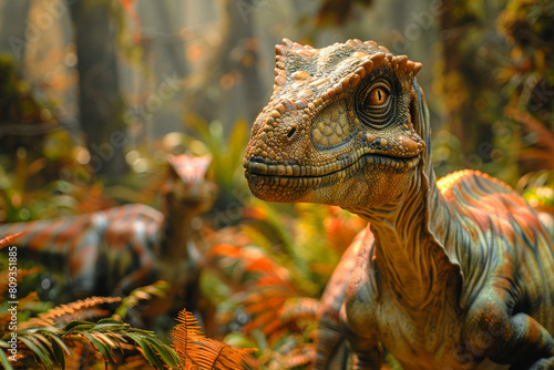 A dinosaur diorama featuring realistic models of prehistoric creatures  set against a backdrop of lush vegetation and towering trees. Concept of paleoart. Generative Ai.