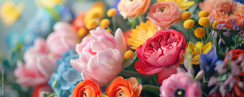 Vibrant bouquet of various flowers on a spring banner for 8 March and Mother's Day celebration Vibrant bouquet of various flowers on a spring banner for 8 March and Mother's Day celebration