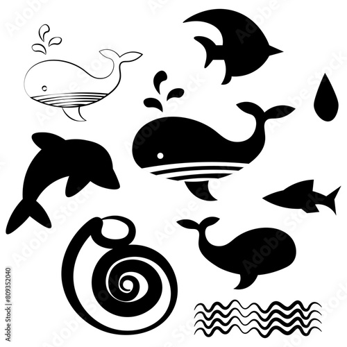 Ocean collection, fish, dolphin, shell, waves, whale, sea fish silhouettes vector illustration.