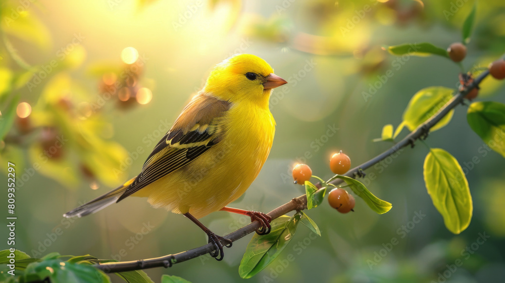 Vibrant yellow bird with a sleek plumage perched on a branch among spring blossoms and sunlight.