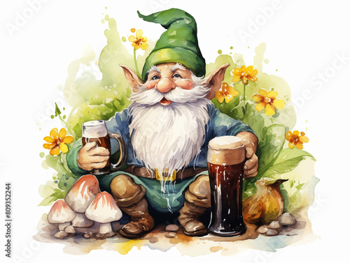 Watercolor vector gnome drinks beer for Saint Patrick Days