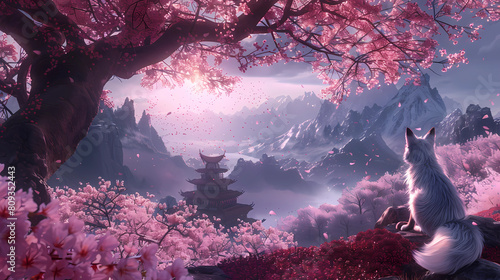 Collection of a majestic kitsune (nine-tailed fox) with fur like spun moonlight overlooks a breathtaking landscape of cherry blossom trees in full bloom