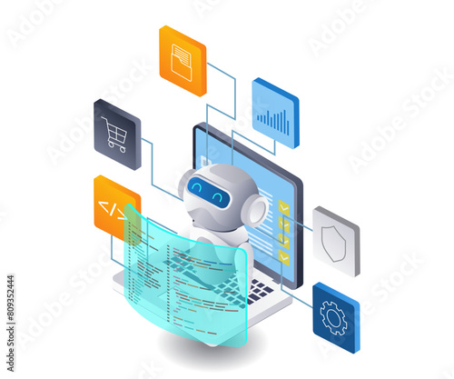 AI robot helps computer work technology infographic illustration 3d flat isometric