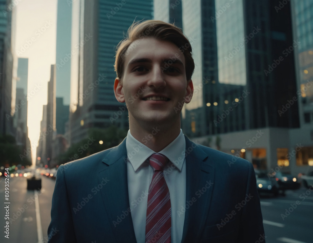 Fototapeta premium portrait of a young white entrepreneur businessman in the city, in front of skyscrapers