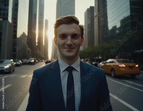 portrait of a young white entrepreneur businessman in the city, in front of skyscrapers