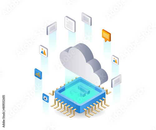 AI data cloud technology infographics 3d illustration flat isometric