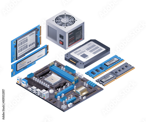 A set of computer parts infographics flat isometric 3d illustrations