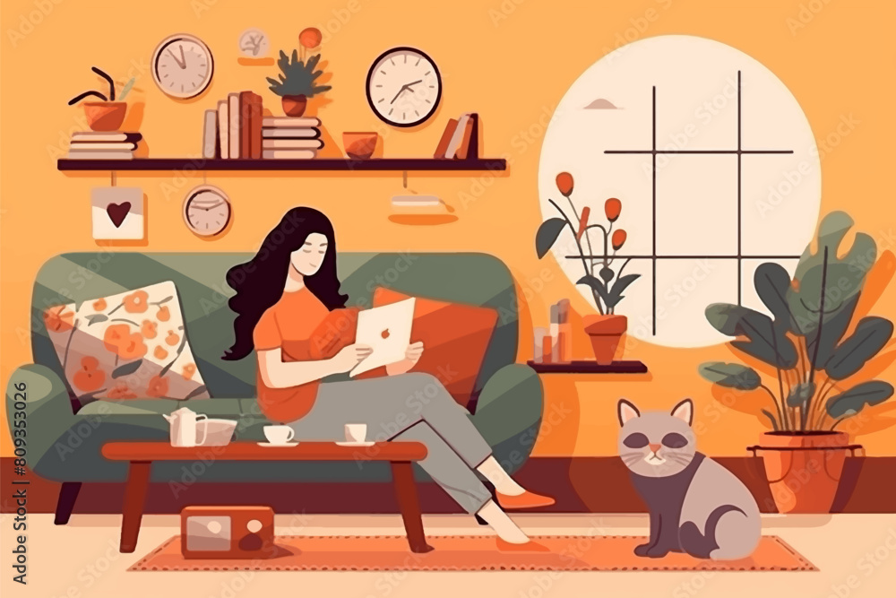 Young woman sitting on a comfortable sofa and reading a laptop. Spending time at home, relaxing, resting, hobby. Vector illustration isolated on white background. Young woman sitting on a comfortable sofa and reading a laptop. Spending time at home, relaxing, resting, hobby. Vector illustration isolated on white background.
