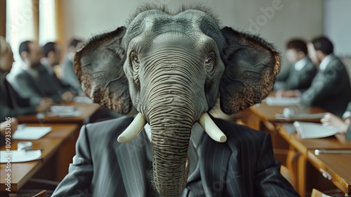 Dapper elephant leading team meeting in office