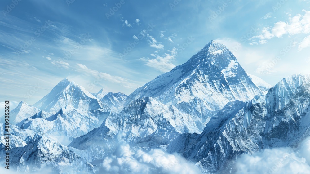Obraz premium Snow-covered mountain peaks under blue sky with clouds